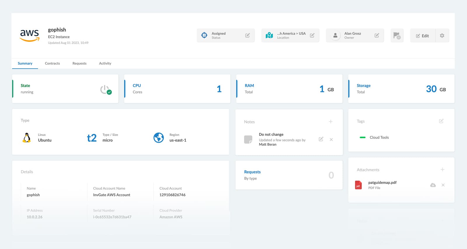 Virtual Machine (VM) profile view on InvGate Insight.