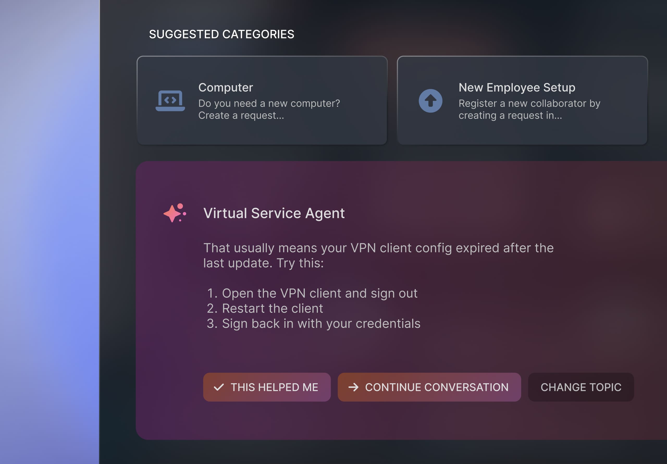 Conversational category opening a Virtual Service Agent conversation in the InvGate Service Management self-service portal