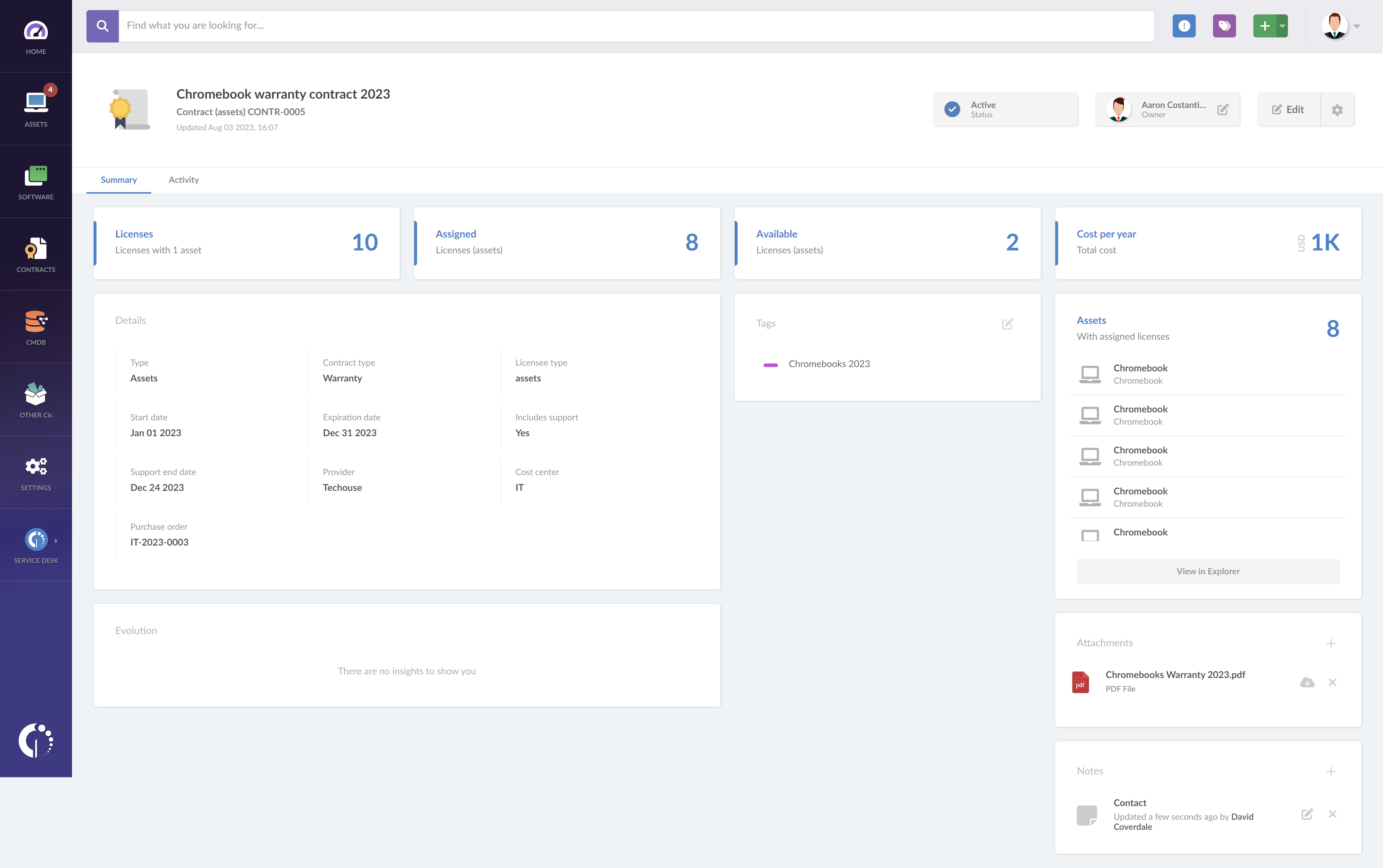 InvGate Insight's warranty details within a contract.