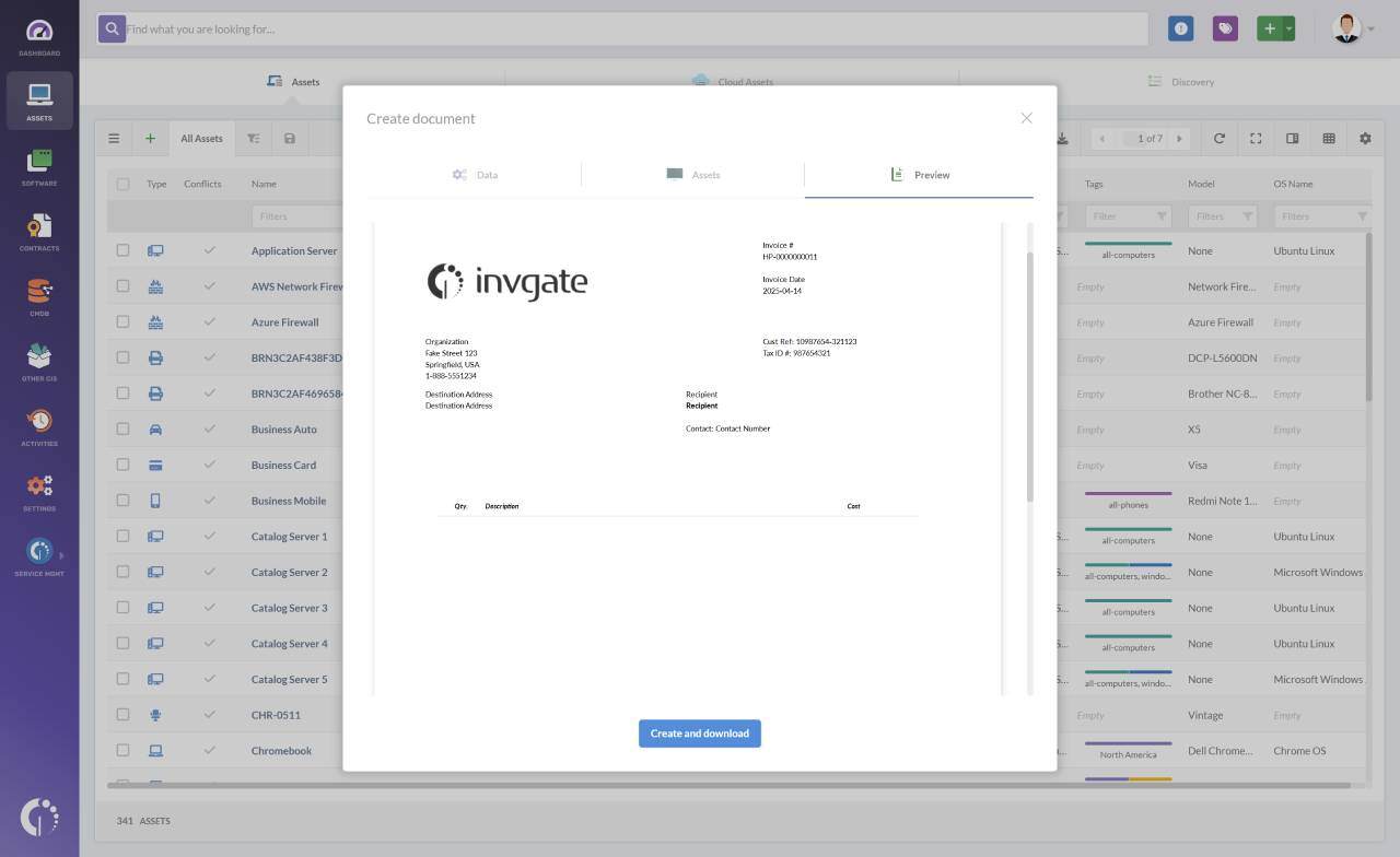 Document creation - InvGate Asset Management interface. 
