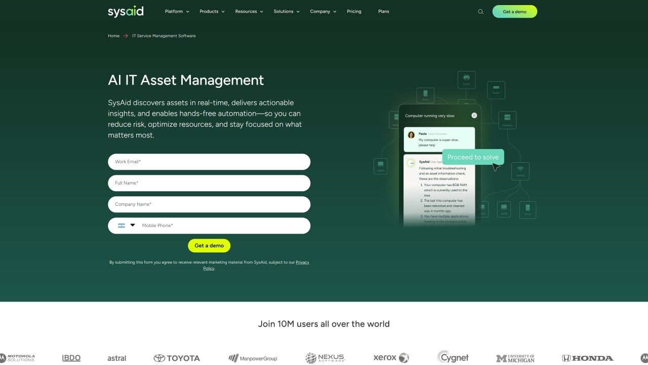 SysAid website screenshot.