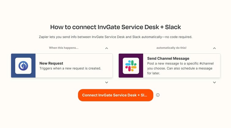 Integrate Slack into InvGate Service Desk using Zappier to have an outside register of requests, or you’re used to chatting on a collaboration platform.