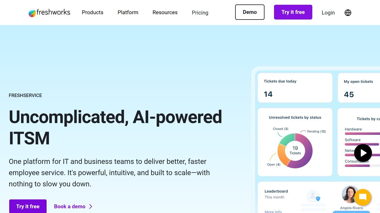 Captura de pantalla del sitio web de Freshservice