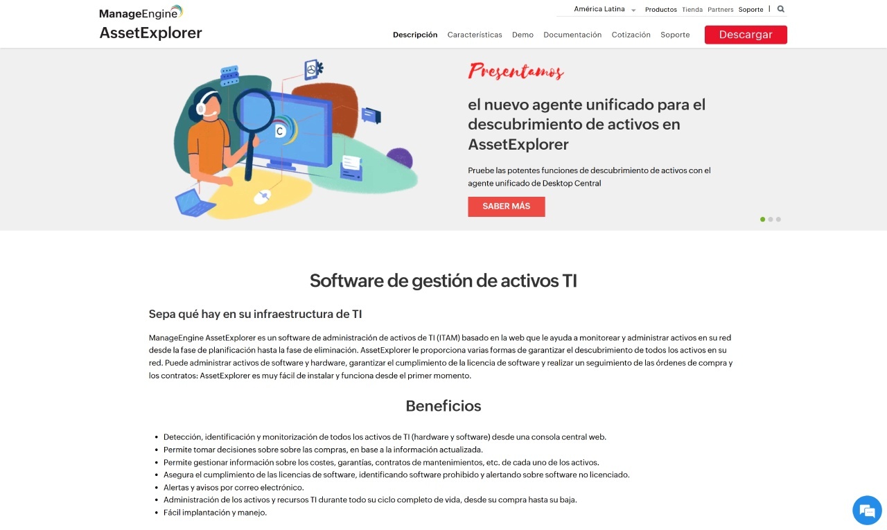 Captura de pantalla del sitio de ManageEngine AssetExplorer