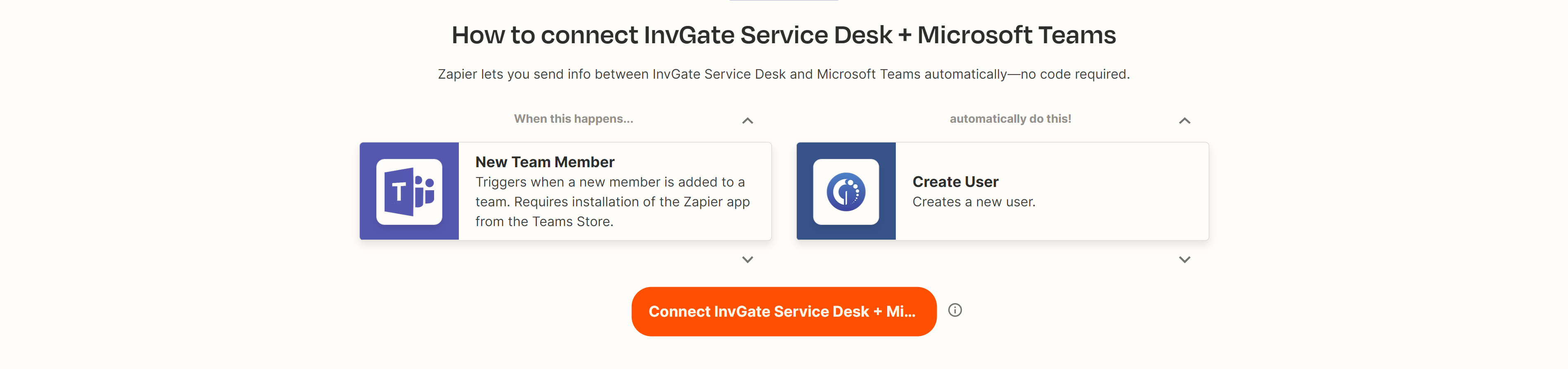 Integrate Microsoft Teams into InvGate Service Desk using Zapier to create a new Service Desk user when someone is added to a Teams channel.